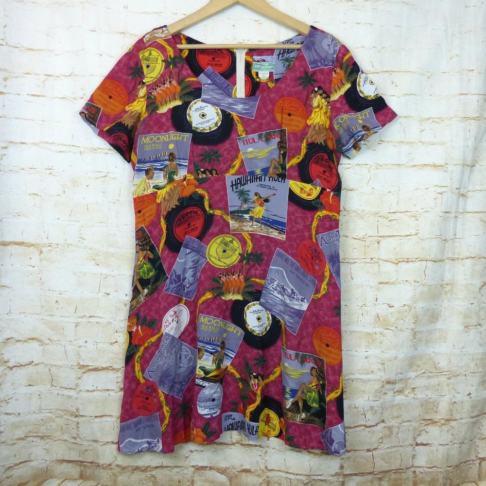 Reyn Spooner Y2K Hawaiian Novelty Printed Dress Womens L Red Rayon Records Aloha
